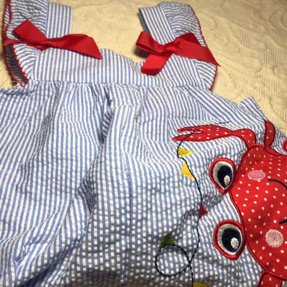 Goodlad crepe baby Blue and White Striped crepe one piece with Red Crab Design
